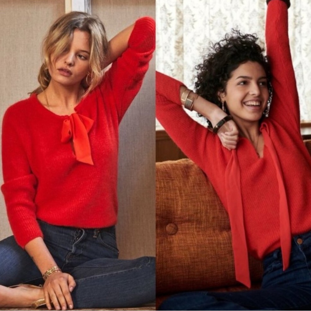 Sezane Red Mohair Sweater with Tie Detail